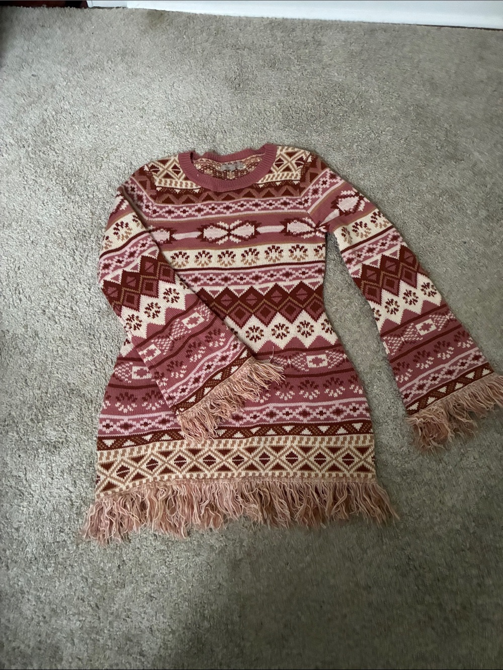Wonderly Rose, Cream & Brown Fair Isle Fringe-Knit Crewneck Sweater